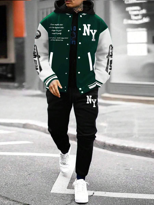 Men Casual Slogan Print Contrast Color Long Sleeve Baseball Jacket & Pants Set, For Spring Autumn, Fall Clothes
