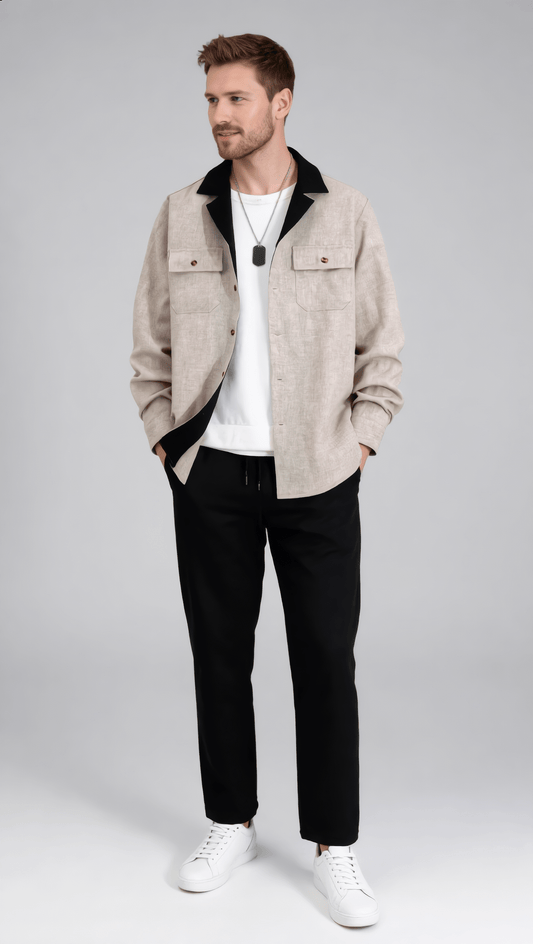 Men’s Casual Two-Piece Linen Blend Set – Relaxed Fit Shirt & Pants