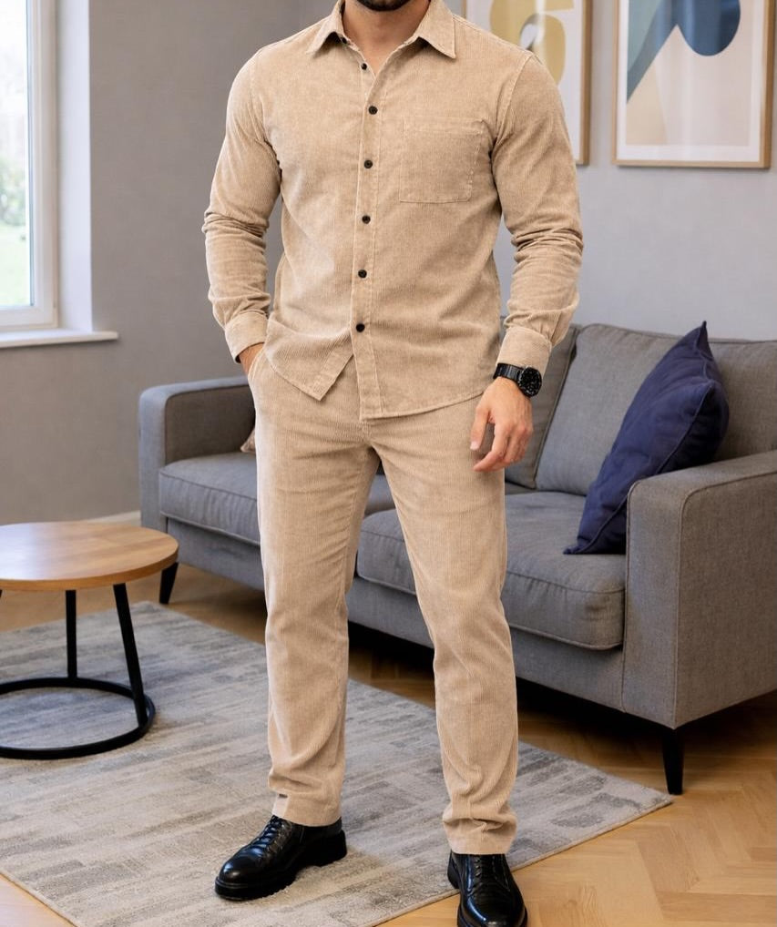 Men's Micro-Wale Corduroy Casual Shirt & Pants Two-Piece Set