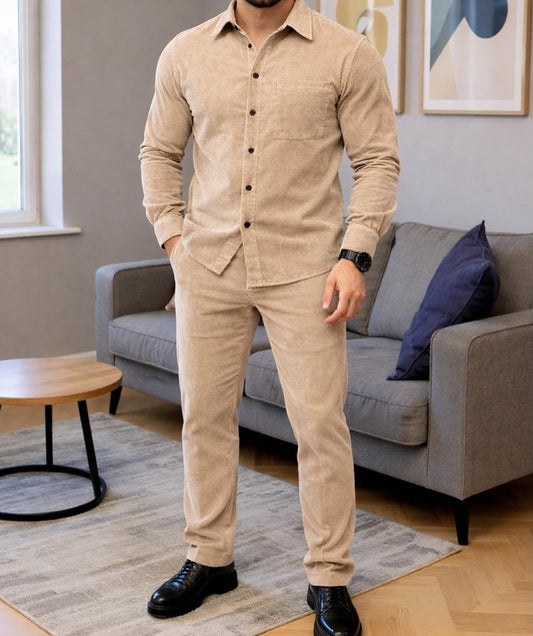 Men's Micro-Wale Corduroy Casual Shirt & Pants Two-Piece Set