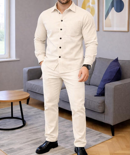 Men's Micro-Wale Corduroy Casual Shirt & Pants Two-Piece Set