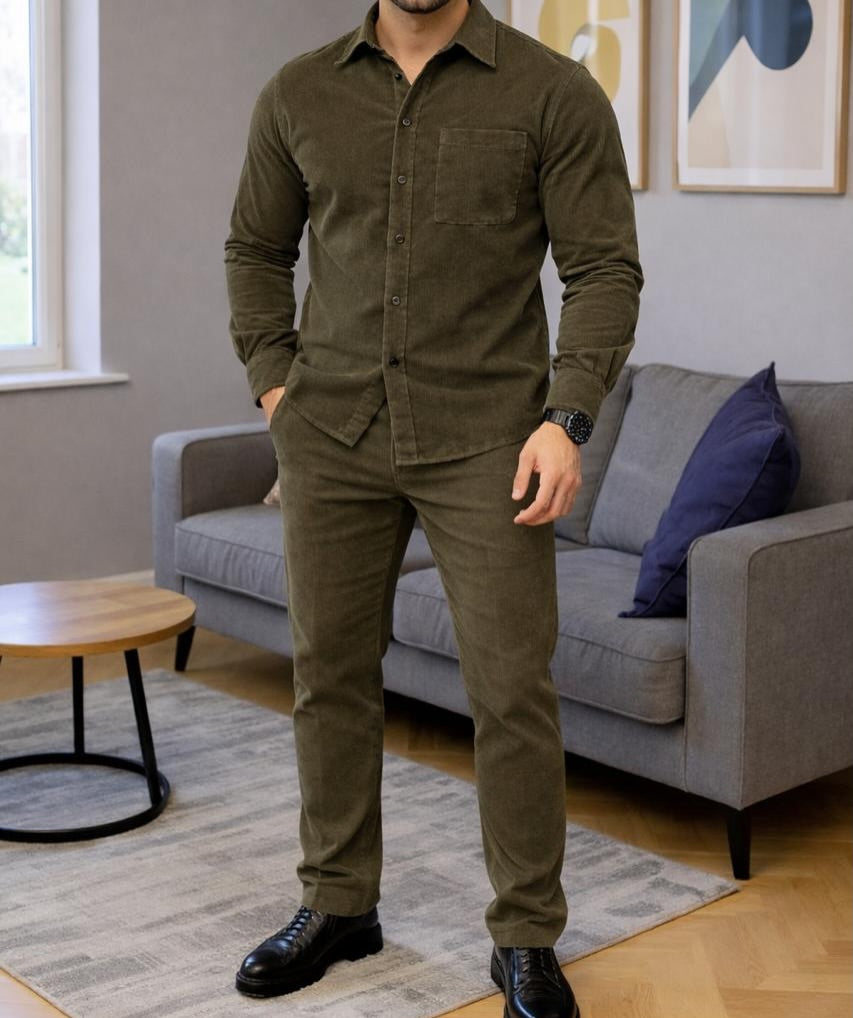 Men's Micro-Wale Corduroy Casual Shirt & Pants Two-Piece Set