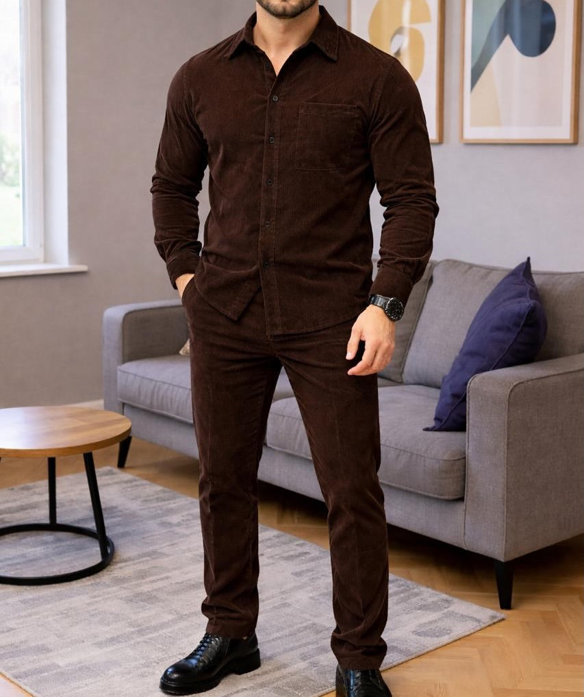 Men's Micro-Wale Corduroy Casual Shirt & Pants Two-Piece Set