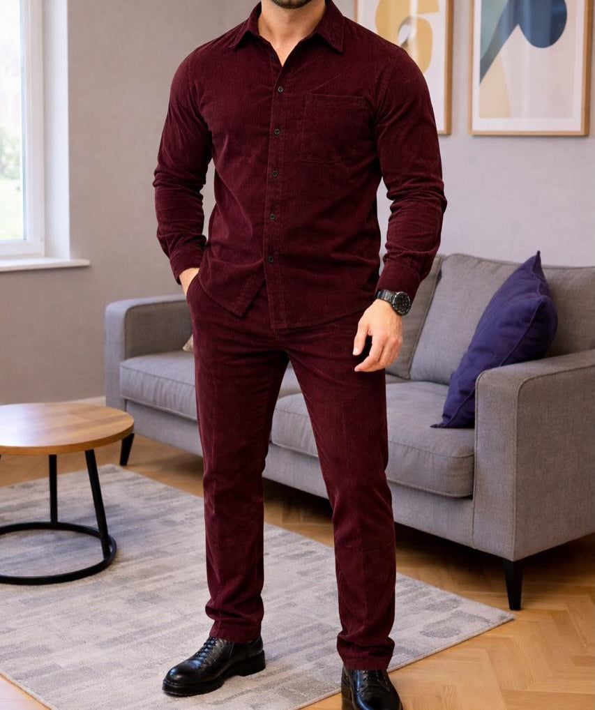 Men's Micro-Wale Corduroy Casual Shirt & Pants Two-Piece Set