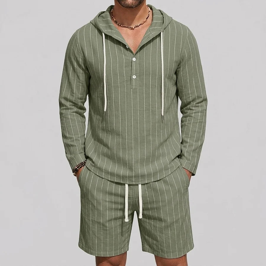 Men's Pinstripe Print Long Sleeve Half Placket Hooded Shirt & Drawstring Shorts 2Pcs Set