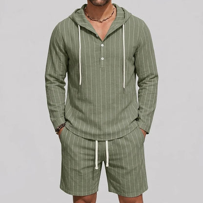 Men's Pinstripe Print Long Sleeve Half Placket Hooded Shirt & Drawstring Shorts 2Pcs Set