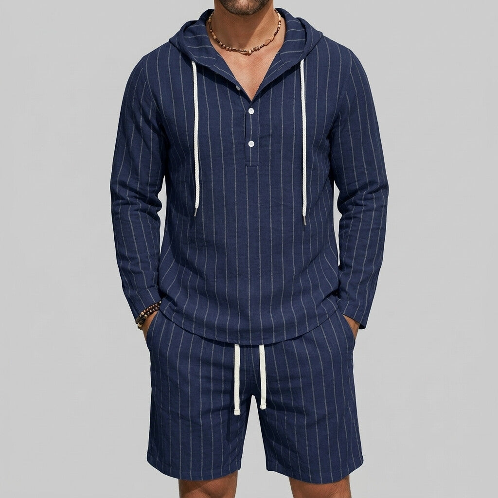 Men's Pinstripe Print Long Sleeve Half Placket Hooded Shirt & Drawstring Shorts 2Pcs Set