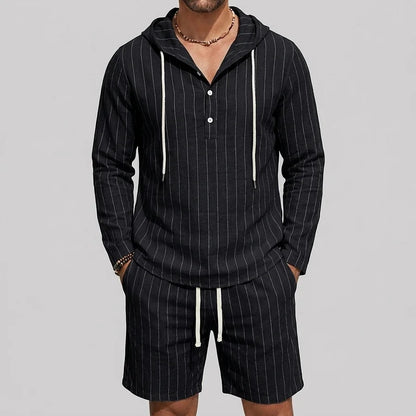 Men's Pinstripe Print Long Sleeve Half Placket Hooded Shirt & Drawstring Shorts 2Pcs Set