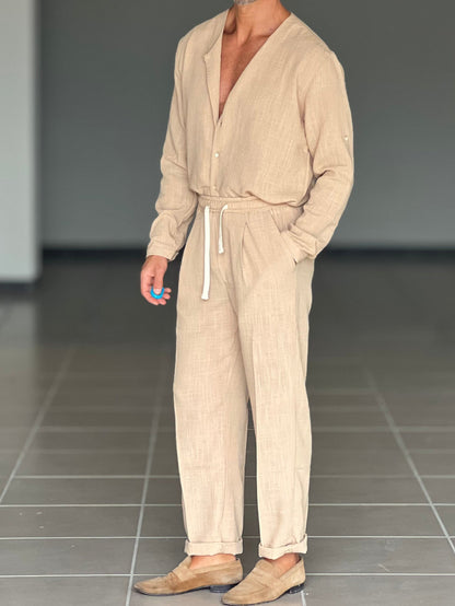 Men's Lightweight Linen Blend V-Neck Set