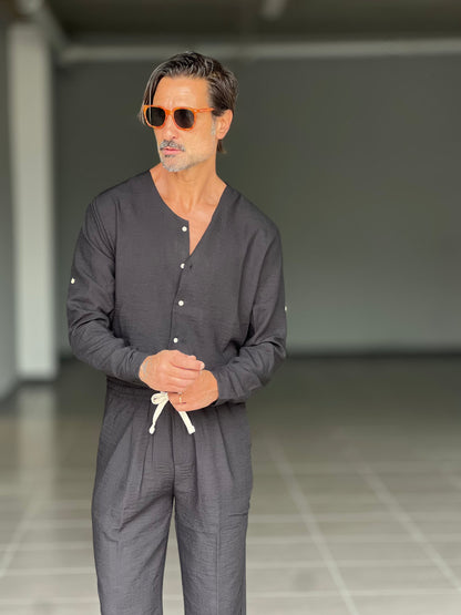 Men's Lightweight Linen Blend V-Neck Set