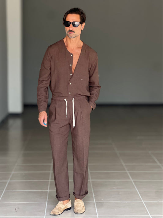 Men's Lightweight Linen Blend V-Neck Set