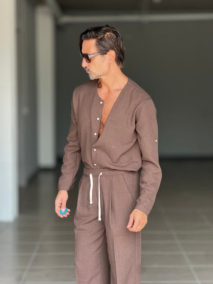 Men's Lightweight Linen Blend V-Neck Set