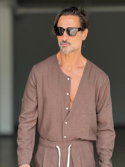 Men's Lightweight Linen Blend V-Neck Set