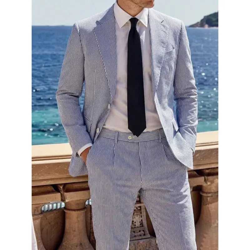 Menswear Men's 2-Piece Bubble Gauze Summer Slim Fit Outfits Suit