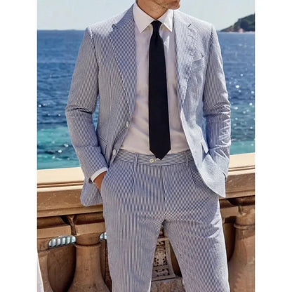 Menswear Men's 2-Piece Bubble Gauze Summer Slim Fit Outfits Suit