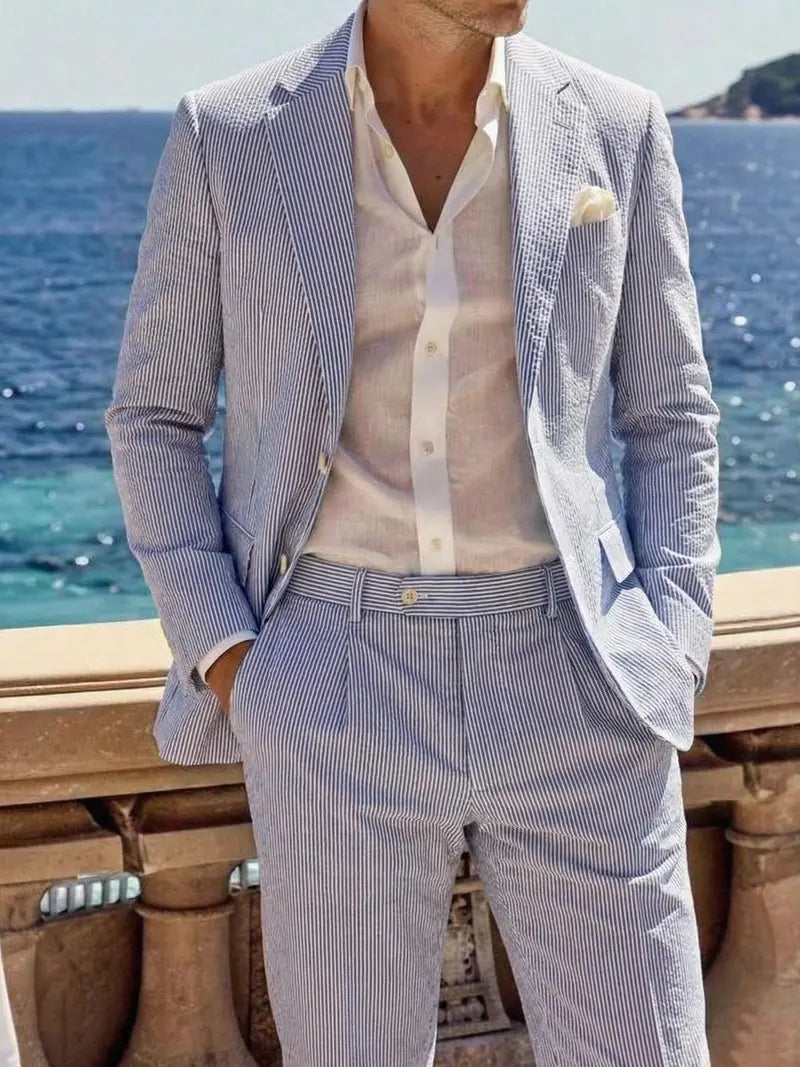 Menswear Men's 2-Piece Bubble Gauze Summer Slim Fit Outfits Suit