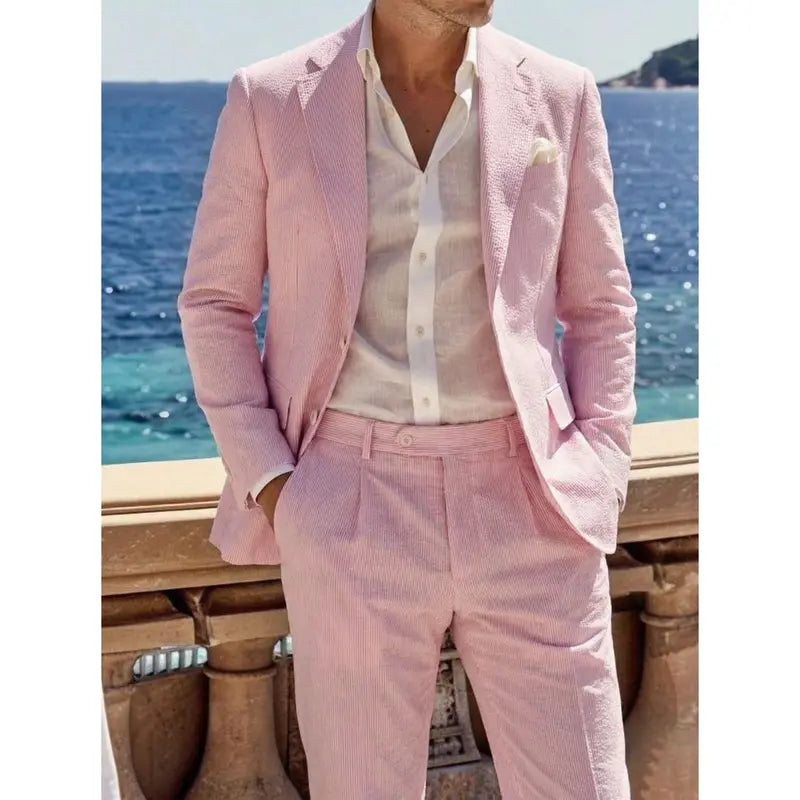 Menswear Men's 2-Piece Bubble Gauze Summer Slim Fit Outfits Suit