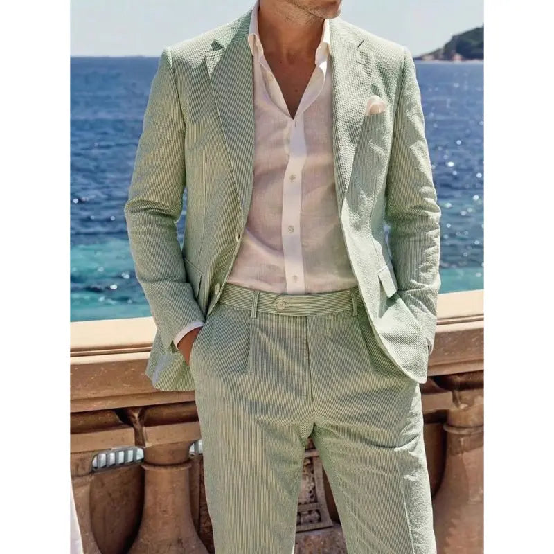 Menswear Men's 2-Piece Bubble Gauze Summer Slim Fit Outfits Suit