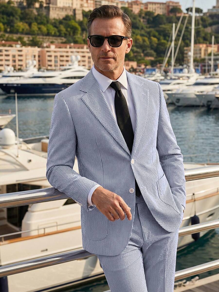 Menswear Men's 2-Piece Bubble Gauze Summer Slim Fit Outfits Suit