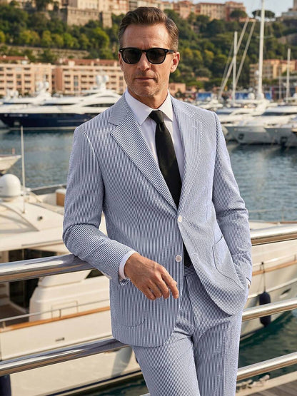 Menswear Men's 2-Piece Bubble Gauze Summer Slim Fit Outfits Suit