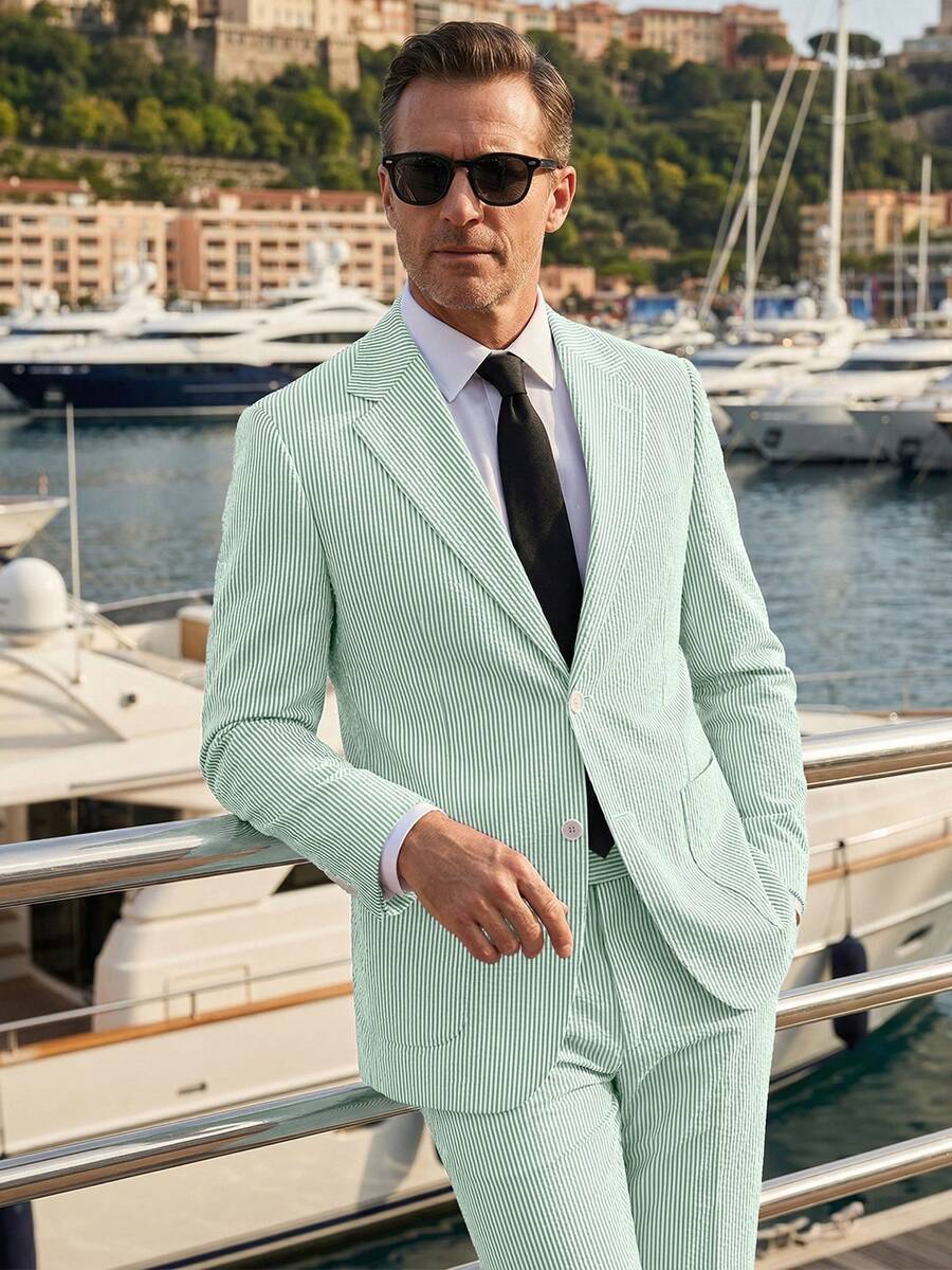 Menswear Men's 2-Piece Bubble Gauze Summer Slim Fit Outfits Suit