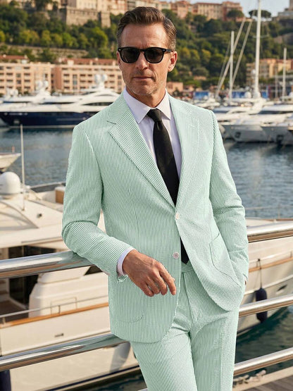 Menswear Men's 2-Piece Bubble Gauze Summer Slim Fit Outfits Suit