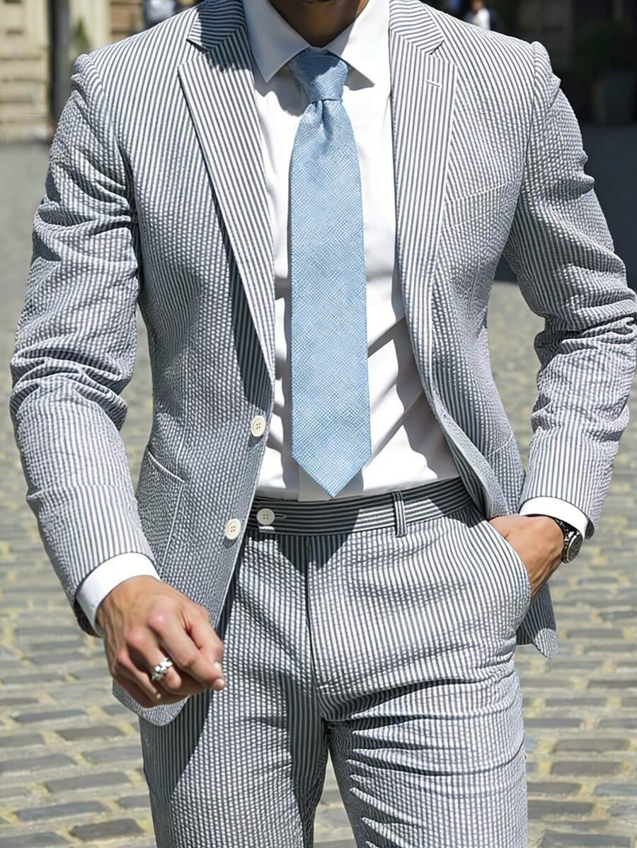 Menswear Men's 2-Piece Bubble Gauze Summer Slim Fit Outfits Suit