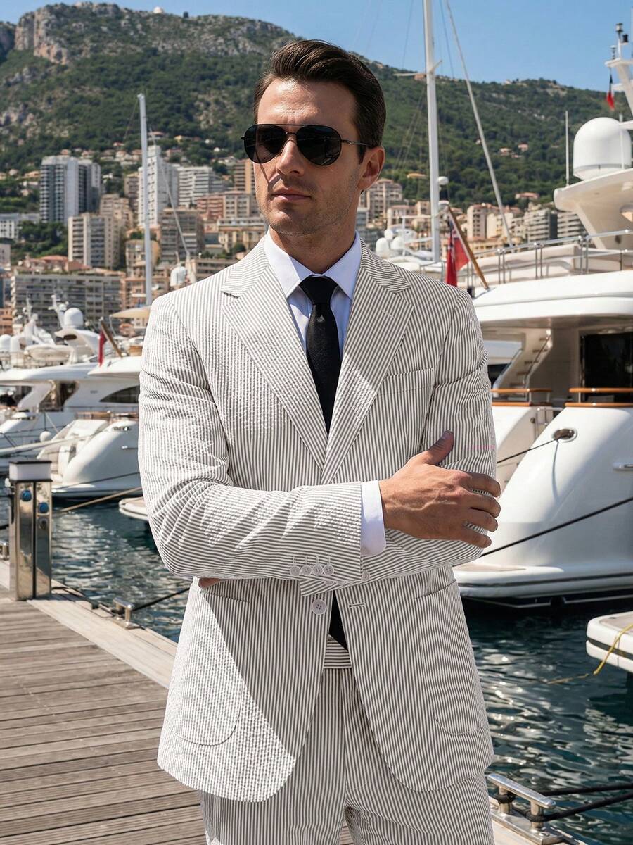 Menswear Men's 2-Piece Bubble Gauze Summer Slim Fit Outfits Suit