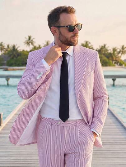 Menswear Men's 2-Piece Bubble Gauze Summer Slim Fit Outfits Suit