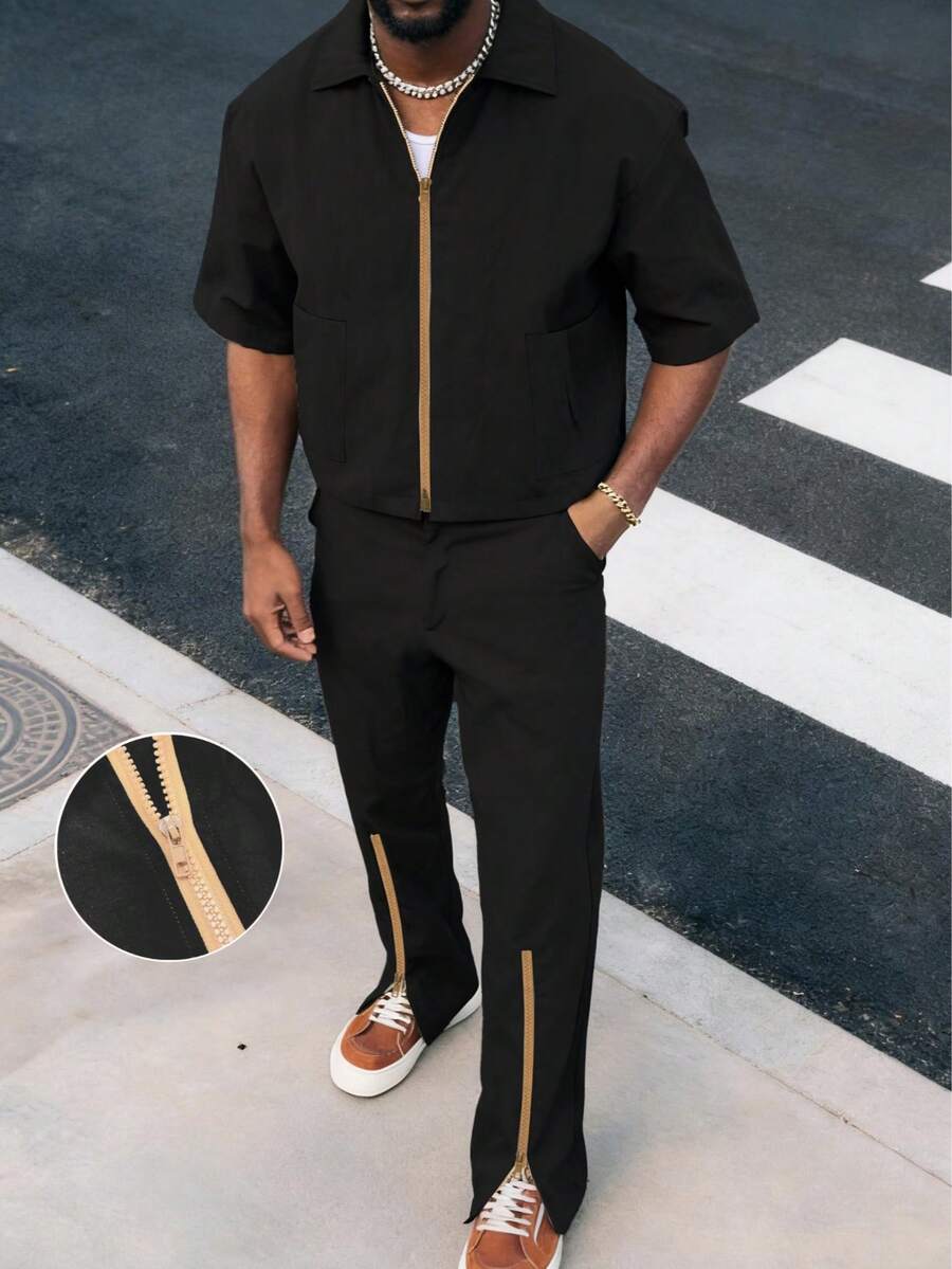 Men's Comfortable Summer New Thin Zip-Up Short Sleeve & Long Pants 2-Piece Set