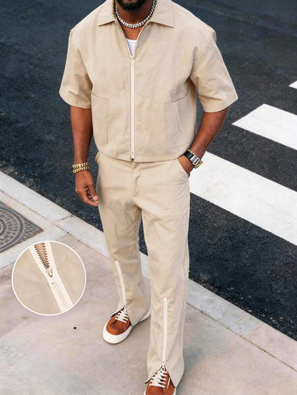 Men's Comfortable Summer New Thin Zip-Up Short Sleeve & Long Pants 2-Piece Set