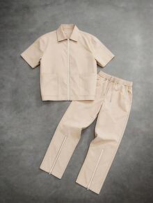 Men's Comfortable Summer New Thin Zip-Up Short Sleeve & Long Pants 2-Piece Set