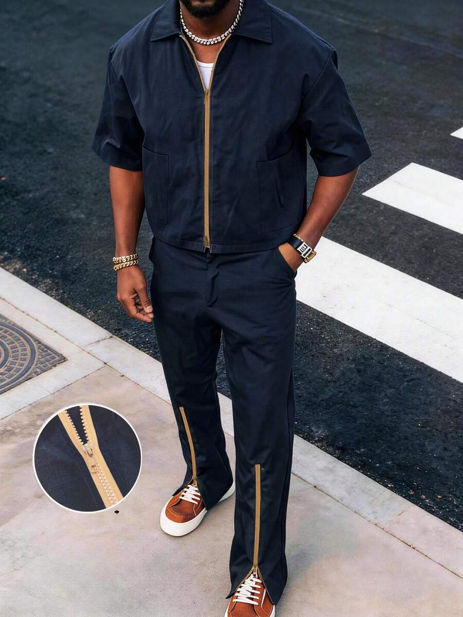 Men's Comfortable Summer New Thin Zip-Up Short Sleeve & Long Pants 2-Piece Set