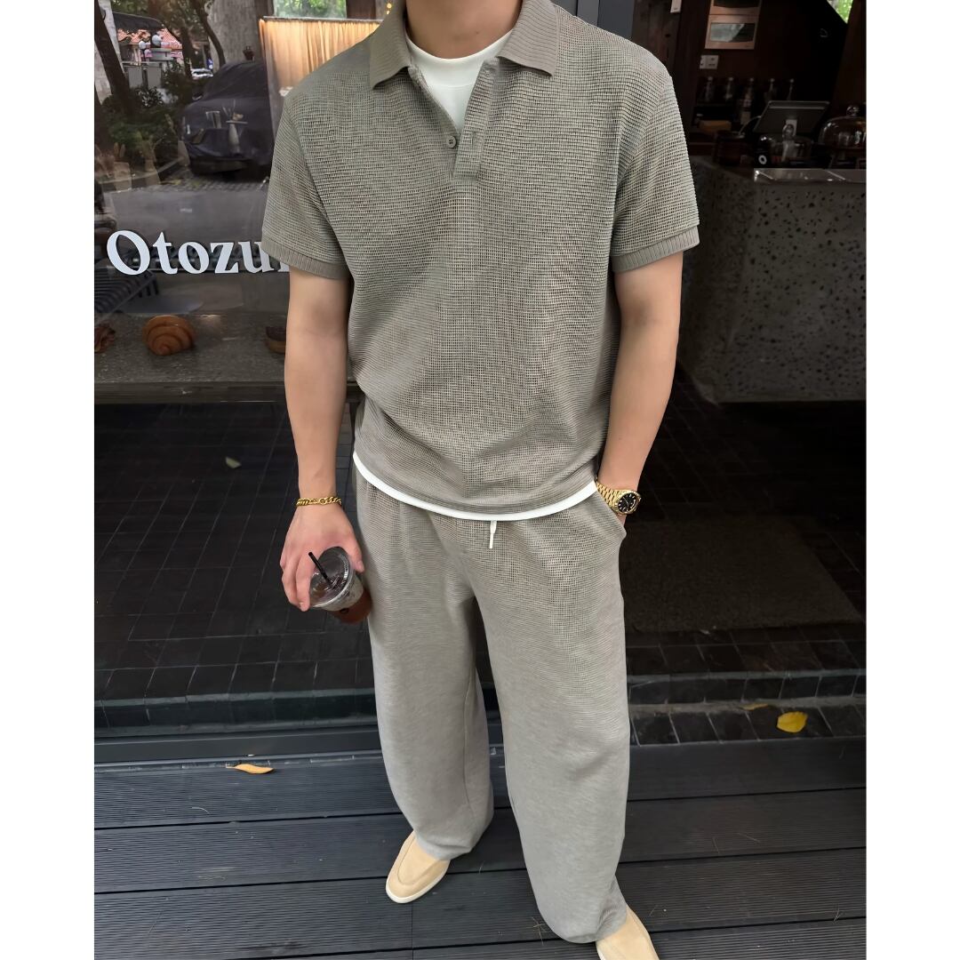 Men's American Casual Faux Waffle Polo Set