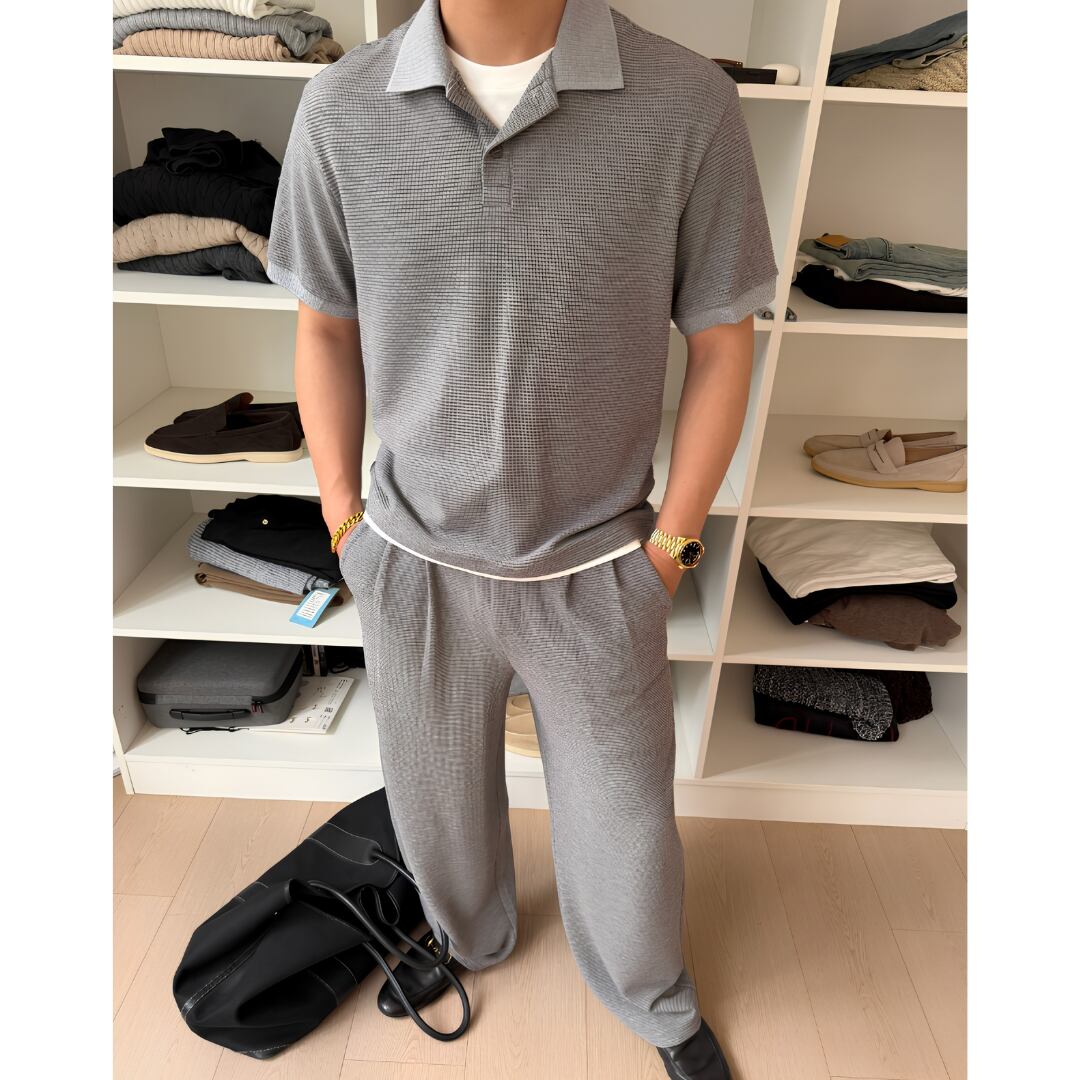 Men's American Casual Faux Waffle Polo Set