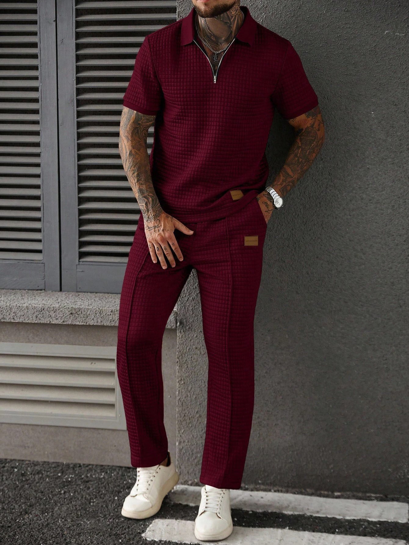 Men's Summer Casual Commuter Embellished Textured Fabric Half-Zip Polo Shirt And Seam Front Pants Set, Men 2 Pieces Outfit, Old Money Style, Cozy Outfits