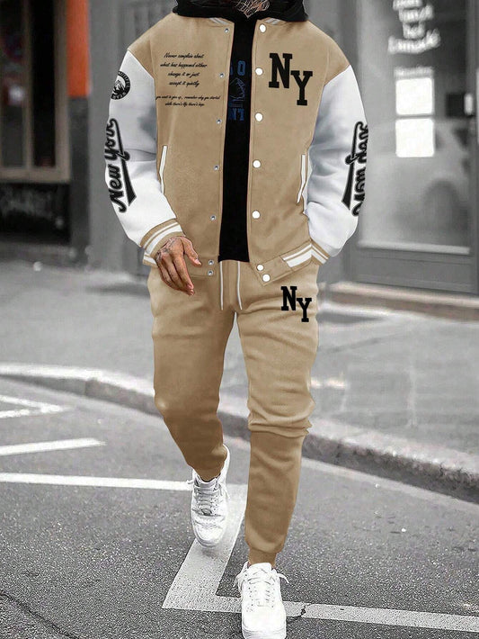 Men Casual Slogan Print Contrast Color Long Sleeve Baseball Jacket & Pants Set, For Spring Autumn, Fall Clothes