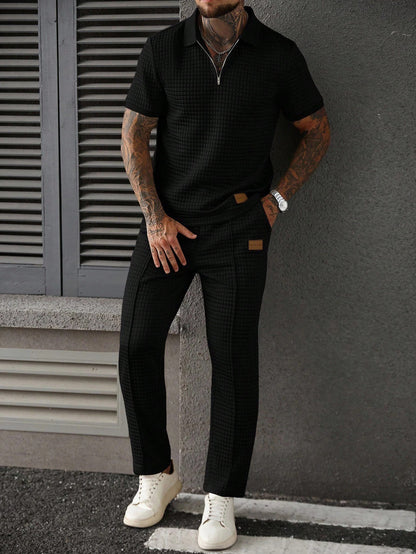 Men's Summer Casual Commuter Embellished Textured Fabric Half-Zip Polo Shirt And Seam Front Pants Set, Men 2 Pieces Outfit, Old Money Style, Cozy Outfits