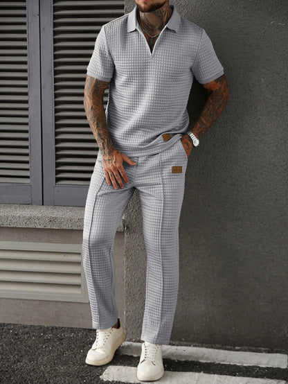 Men's Summer Casual Commuter Embellished Textured Fabric Half-Zip Polo Shirt And Seam Front Pants Set, Men 2 Pieces Outfit, Old Money Style, Cozy Outfits