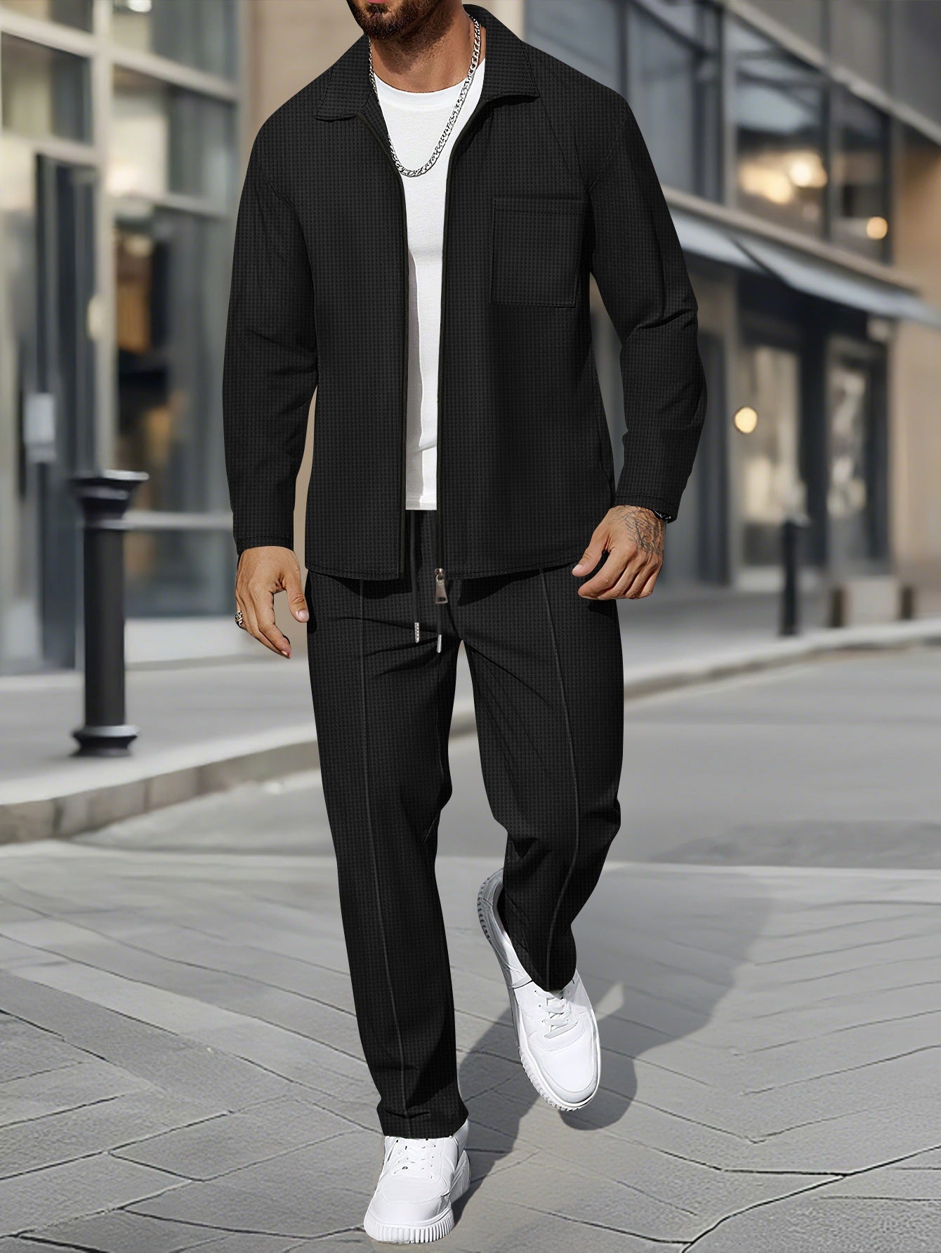 Solid color zipper placket lapel slim fit men's jacket suit