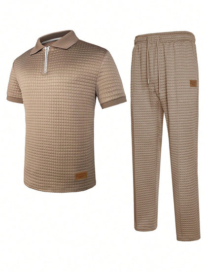 Men's Summer Casual Commuter Embellished Textured Fabric Half-Zip Polo Shirt And Seam Front Pants Set, Men 2 Pieces Outfit, Old Money Style, Cozy Outfits