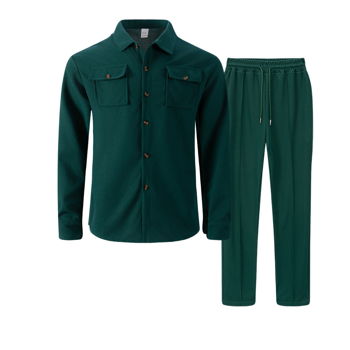 🆕🔥New waffle-print solid color double-pocket cardigan shirt set