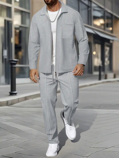 Solid color zipper placket lapel slim fit men's jacket suit