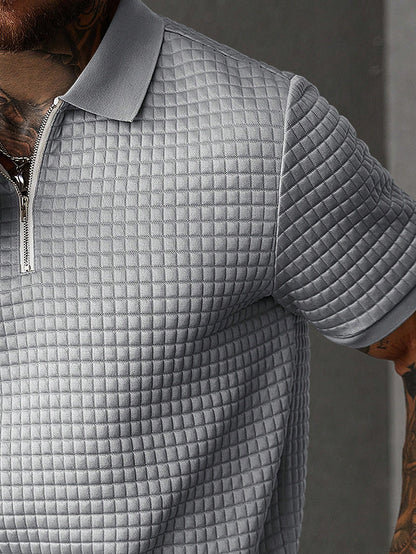 Men's Summer Casual Commuter Embellished Textured Fabric Half-Zip Polo Shirt And Seam Front Pants Set, Men 2 Pieces Outfit, Old Money Style, Cozy Outfits