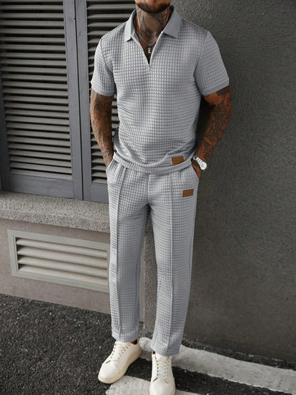 Men's Summer Casual Commuter Embellished Textured Fabric Half-Zip Polo Shirt And Seam Front Pants Set, Men 2 Pieces Outfit, Old Money Style, Cozy Outfits