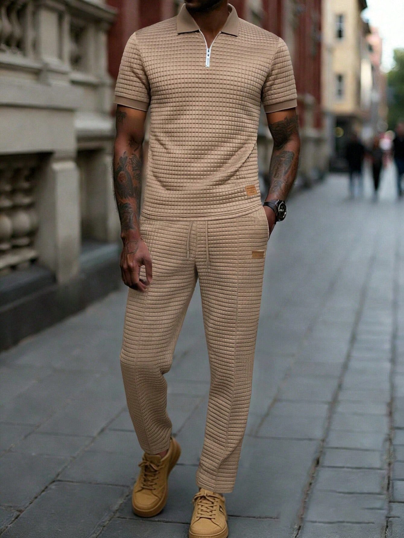 Men's Summer Casual Commuter Embellished Textured Fabric Half-Zip Polo Shirt And Seam Front Pants Set, Men 2 Pieces Outfit, Old Money Style, Cozy Outfits