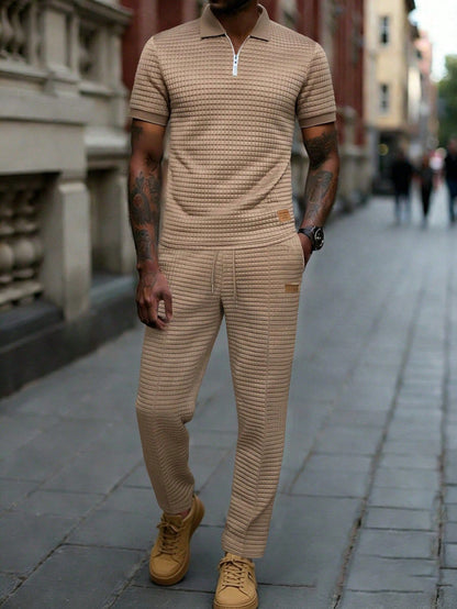 Men's Summer Casual Commuter Embellished Textured Fabric Half-Zip Polo Shirt And Seam Front Pants Set, Men 2 Pieces Outfit, Old Money Style, Cozy Outfits