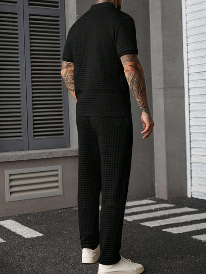 Men's Summer Casual Commuter Embellished Textured Fabric Half-Zip Polo Shirt And Seam Front Pants Set, Men 2 Pieces Outfit, Old Money Style, Cozy Outfits