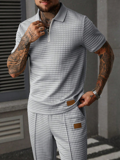 Men's Summer Casual Commuter Embellished Textured Fabric Half-Zip Polo Shirt And Seam Front Pants Set, Men 2 Pieces Outfit, Old Money Style, Cozy Outfits