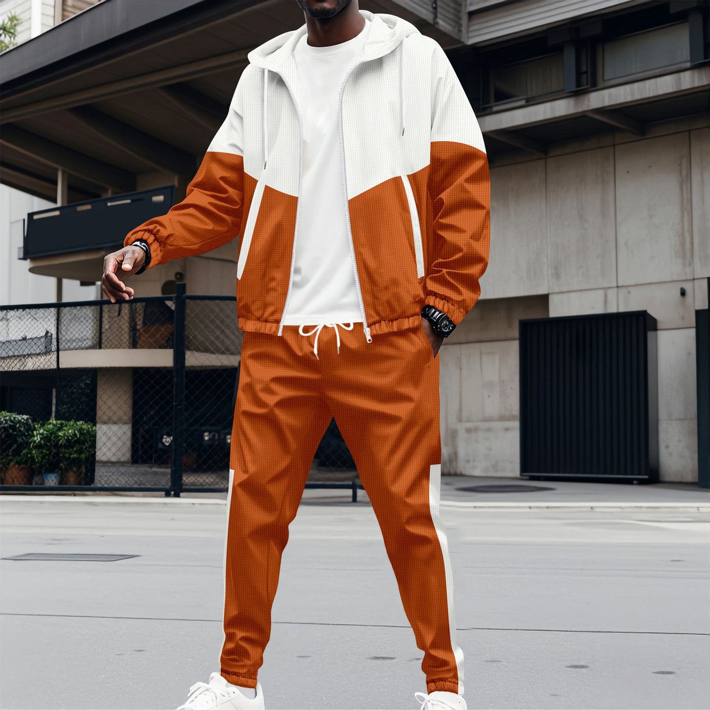 Hooded Zippered Double Pocket Color Block Set